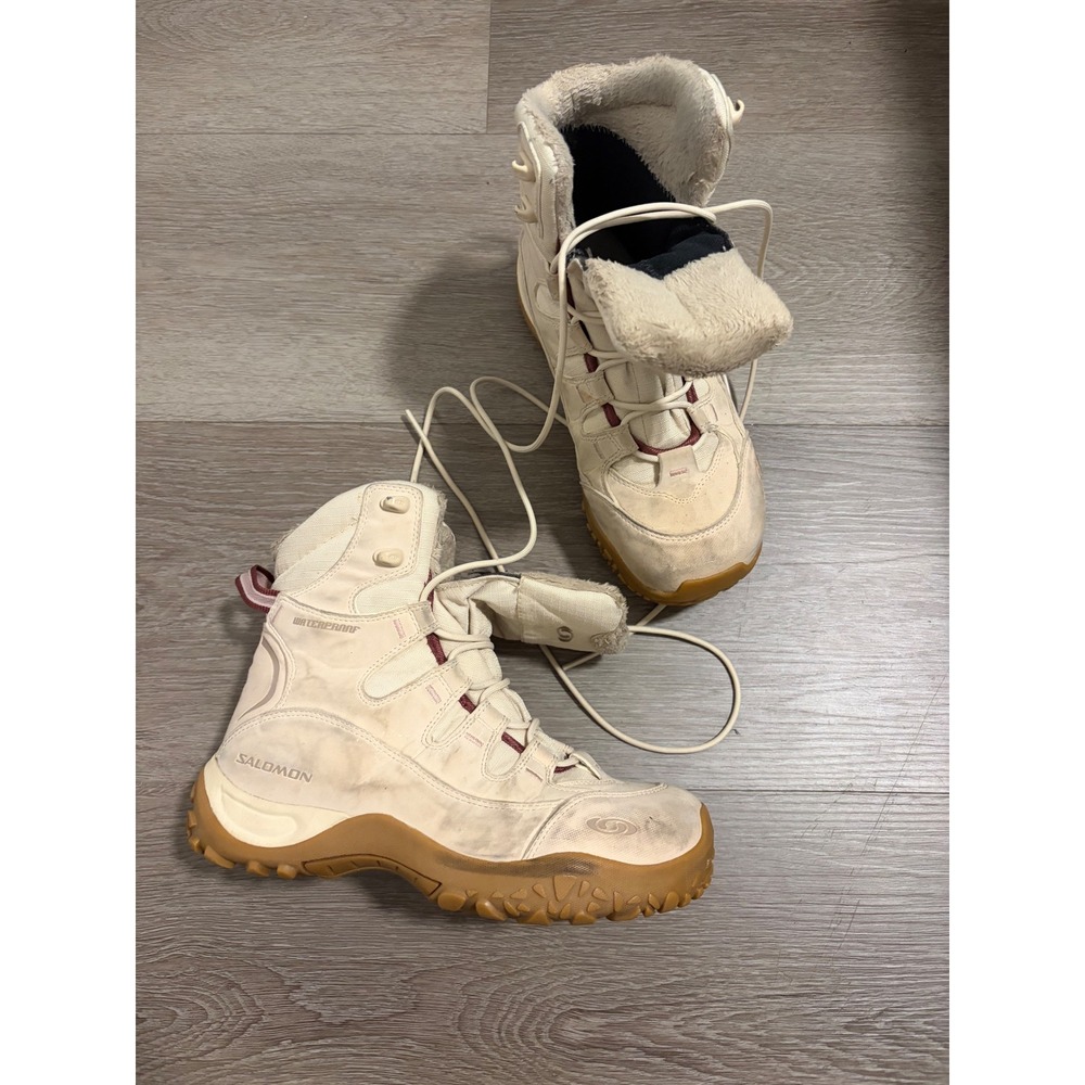 Salomon Waterproof Winter Boots Cream Faux Fur Lined Contagrip Hiking Womens 7.5